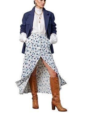 Vintage 80s 90s blue floral cottagecore romantic button front maxi skirt L